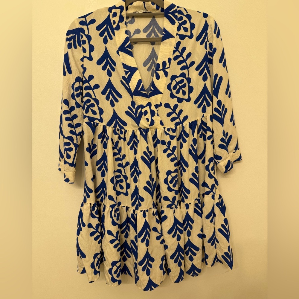 Zara Navy and Cream Patterned Mini Dress